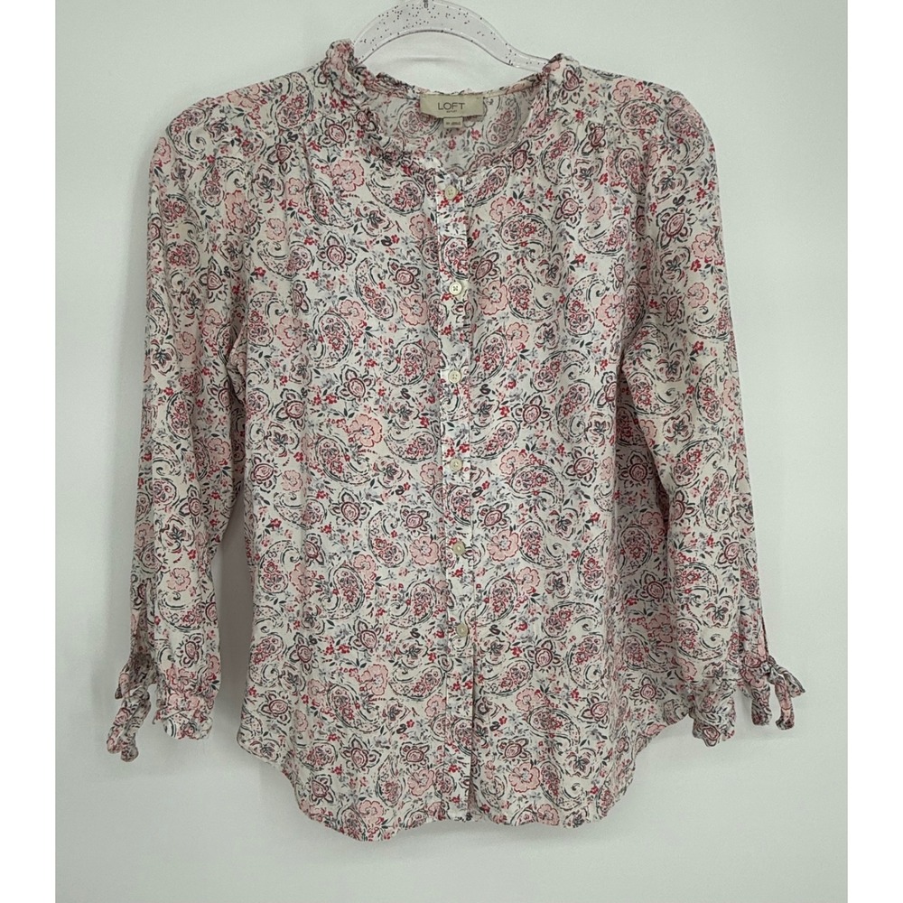 LOFT Outlet Womens Sz XS‎ Paisley Floral Ruffle Neck Button Down Tie Cuff Blouse